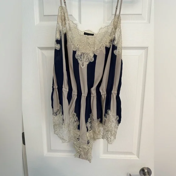Rosamosario 100% Silk Bodysuit Playsuit Navy Cream Stripes Champagne Lace Silk - Picture 6 of 17